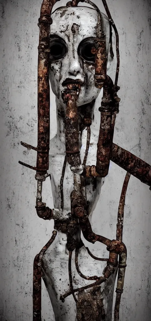 Image similar to creepy white mannequin with black tendrils and rusty pipes, body horror, face, human body, human face, scary, horror, dark, industrial,