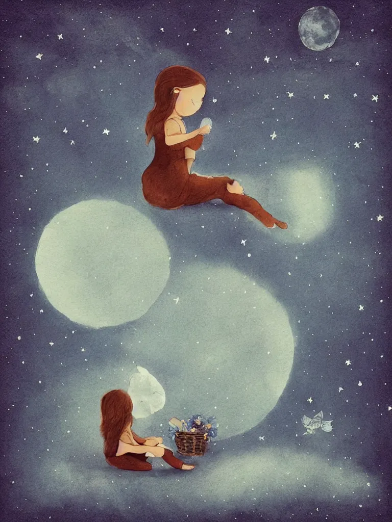 Image similar to sitting in the moon by storybook artists, blunt borders, rule of thirds, soft light, whimsical!!