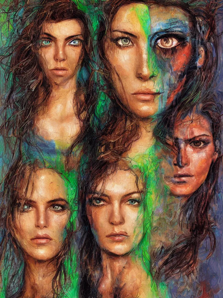 Prompt: half-length portrait of a female face, left side of face rusty mechanical robot, right side of face beautiful middle-aged human, left eye blue colored, right eye green colored, intense look, hair like flames, serious facial expression, similar Monica Belucci, by Simon Stalenhaag, by Mark Arian, by Julie Bell, by M.W. Kaluta, moody light, soft, 4K, matte painting, hyperdetailed, featured on artstation