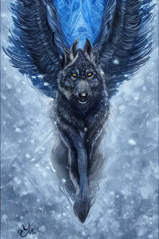 Image similar to blue wolf with wings, facing front, regal, elegant, winter, snow, beautiful, stunning, hd, illustration, epic, d & d, fantasy, intricate, elegant, highly detailed, digital painting, artstation, concept art, smooth, sharp focus, illustration, wallpaper, art by artgerm and greg rutkowski and alphonse mucha and jin xiaodi