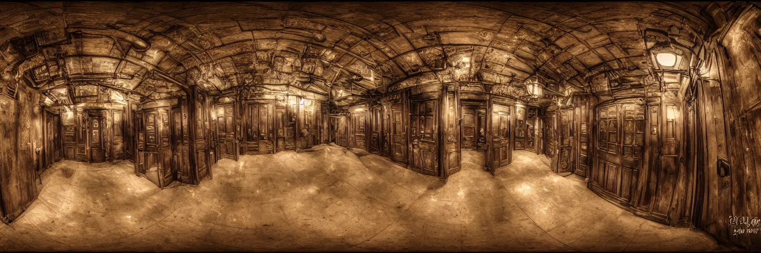 Prompt: dimly lit, theatre access corridor background, 3 doors, fish eye, steampunk