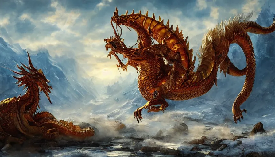 Image similar to golden dragon in a nordic landscape under bright daylight with fluffy clouds, set in the world of Guildwars2, painted by Hans Fredrik Gude, Greg Rutkowksi and Artgerm, concept art 2022, ultra realistic masterpiece, contrasting details vs blank areas, oil on canvas