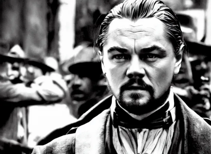 Prompt: an action scene from the movie gangs of new york, medium long shot, leonardo dicaprio, sharp eyes, serious expressions, detailed and symmetric faces, black and white, cinematic, epic,