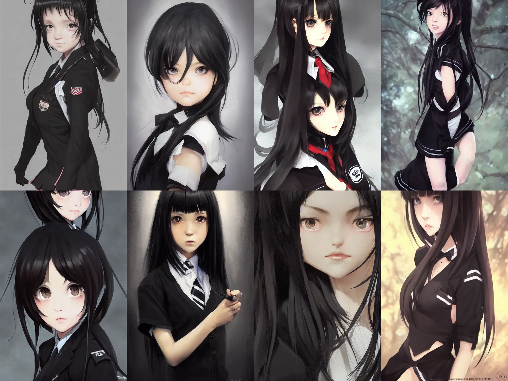 Prompt: A hyperrealistic schoolgirl, in black uniform, black silky hair, very detailed black stunning deep eyes. Darkness. By krenz cushart, Greg Rutkowski, trending on artstation. Glossy materials, sharp highlights, amazing textured brush strokes, soft curvy shape, clear curvy details, cinematic soft volumetric studio lighting, with backlight, VFX, HDR