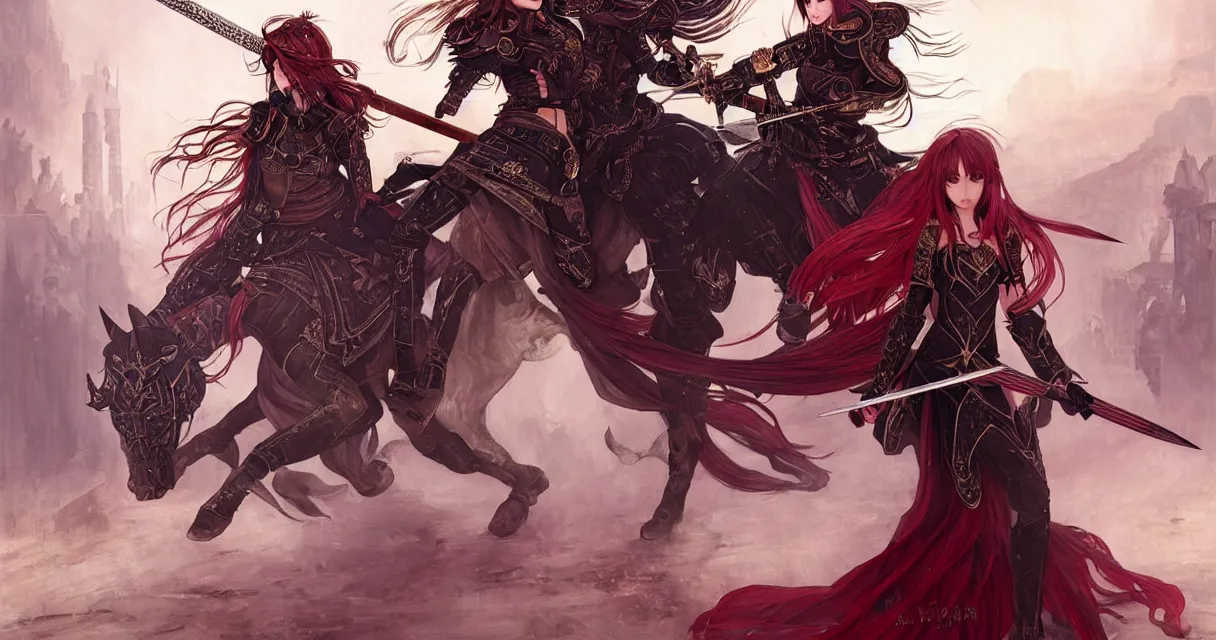 Image similar to knights of zodiac girl + smoky eyes, black and reddish armor, sword and katana fighting in ruined agora of athens moonnight, ssci - fi and fantasy, intricate and very very beautiful and elegant, highly detailed, digital painting, artstation, concept art, smooth and sharp focus, illustration, art by tian zi and wlop and alphonse mucha
