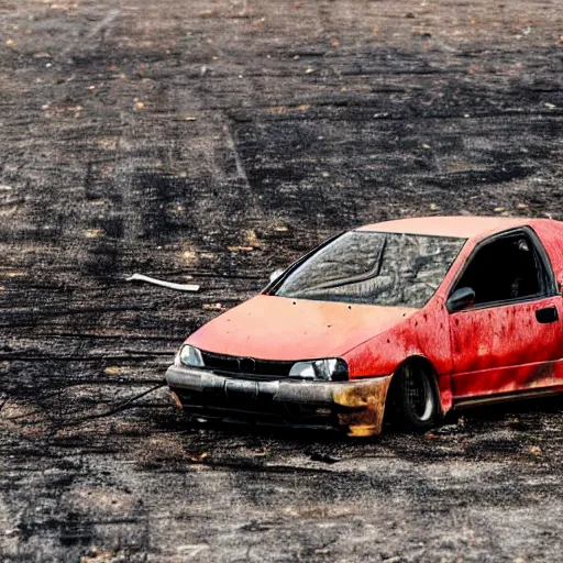 Prompt: a burnt eg9 Honda civic abandoned in a field