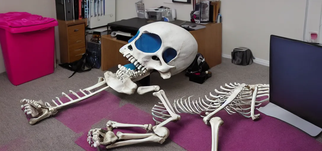 Prompt: the skeleton lies on the ground in front of the computer, office, magenta and blue