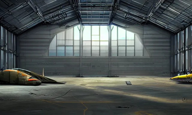 Image similar to matte painting, digital painting, high quality, unreal engine 5, a sci fi hangar