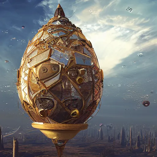 Image similar to enormous flying city in a faberge egg, sky, steampunk, fantasy art, masterpiece, unreal engine