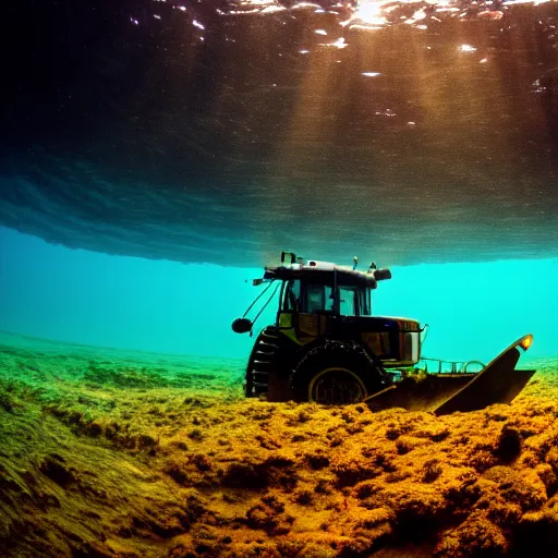 Image similar to ultrawide shot backlit ploughing the seabed underwater