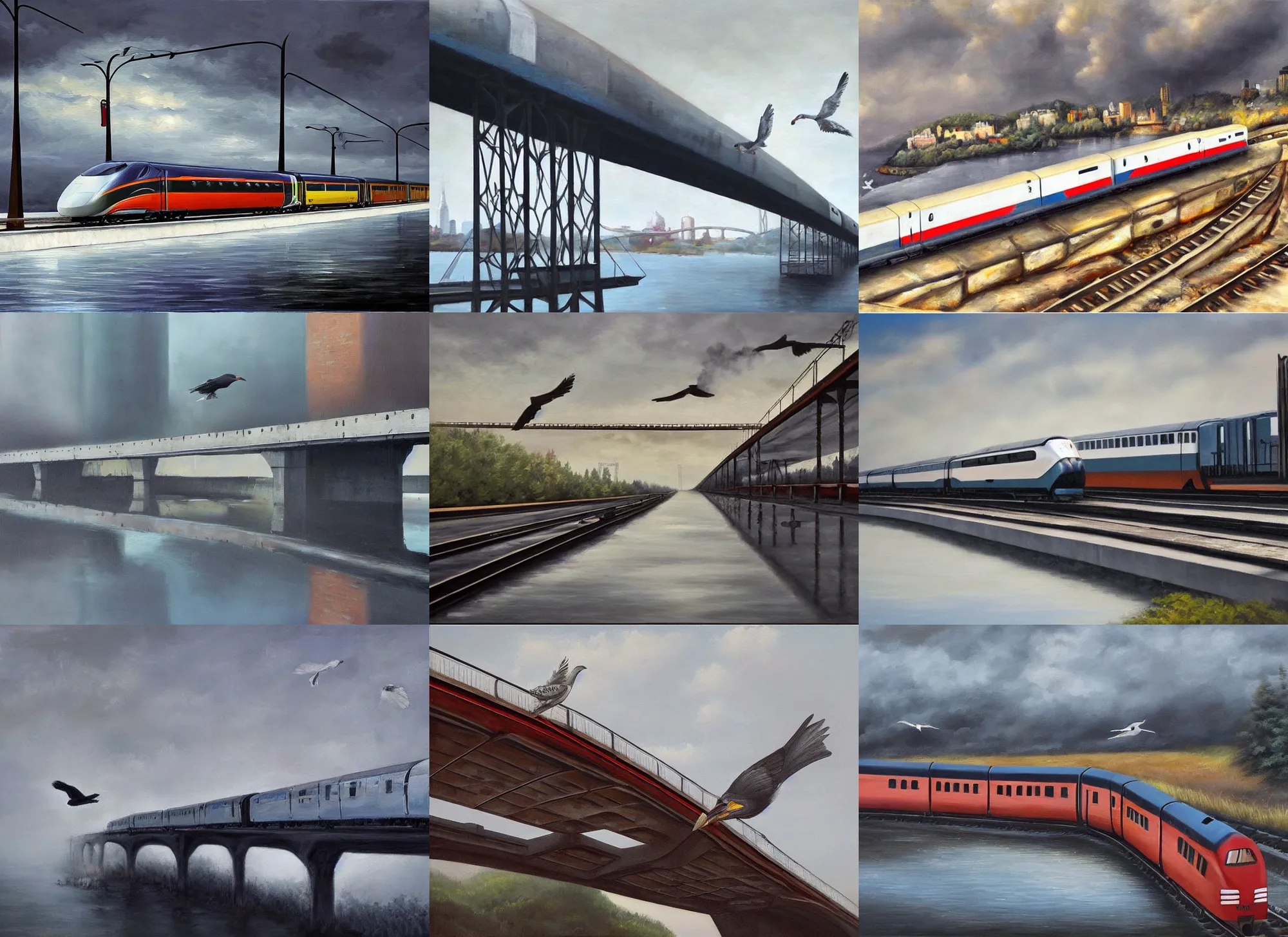 Prompt: a modern train on a bridge, a giant grey bird next to it, high quality, realistic oil painting, mysterious