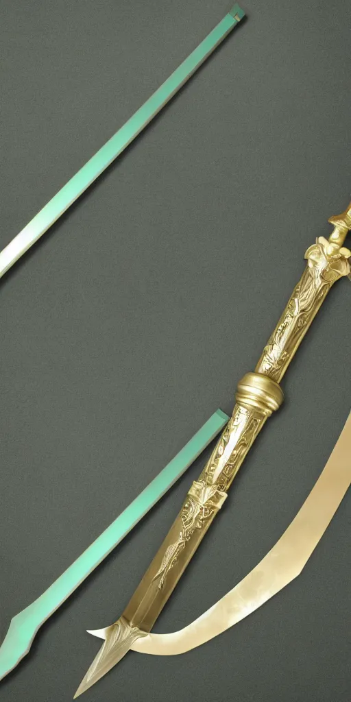 Image similar to photograph of a wide green and teal crystal sword blade attached to a big gold sword hilt