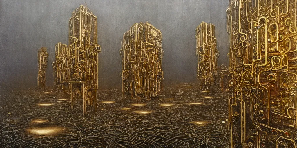 Prompt: A beautiful hyper realistic detailed painting of 2 gigantic tall quantum computers in the middle, gold and silver and brass , by Beksinski, beeple, unreal engine, electronic art featured on artstation