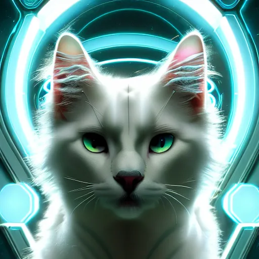 Image similar to tron legacy white fluffy cat, hyper realistic, concept art, intricate, hyper detailed, smooth, dynamic volumetric lighting, cinematic, high quality, high resolution, 4 k, cgsociety, rutkowski, gurney, alphonse mucha