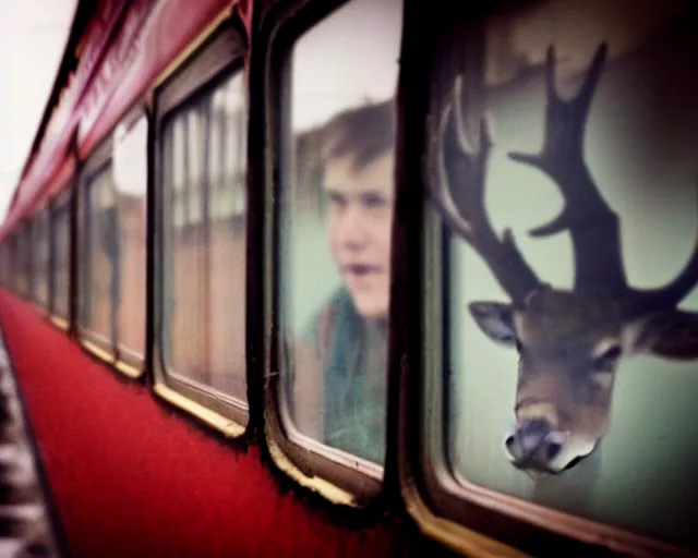 Image similar to a lomography photo of rumble between two human with deer head in soviet train this morning, bokeh,