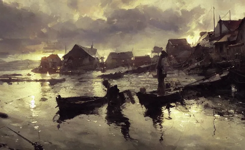 Image similar to scientific oil painting of fishing village by anders zorn, wonderful art by greg rutkowski, incredible lighting, shadows, beautiful cinematic light