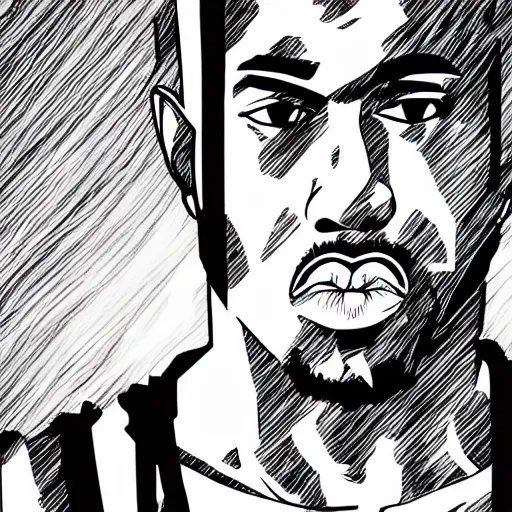 Prompt: manga panel of kanye west in the style of kentaro miura, 8 k, 4 k, masterpiece, trending on artstation