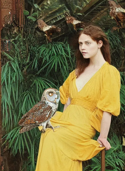 Image similar to Pre - raphaelit grainy head to shoulder portrait Polaroid film photograph of an elegant top model wearing a yellow kimono with a very detailed barn owl on her shoulder!!! sitting on a throne in a tropical greenhouse. looking at the camera!!. super resolution. Extremely detailed. Polaroid 600 film.