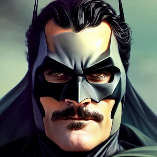 Image similar to handsome Joaquin Phoenix as batman, western, closeup, D&D, fantasy, intricate, elegant, highly detailed, digital painting, artstation, concept art, matte, sharp focus, illustration, art by Artgerm and Greg Rutkowski and Alphonse Mucha