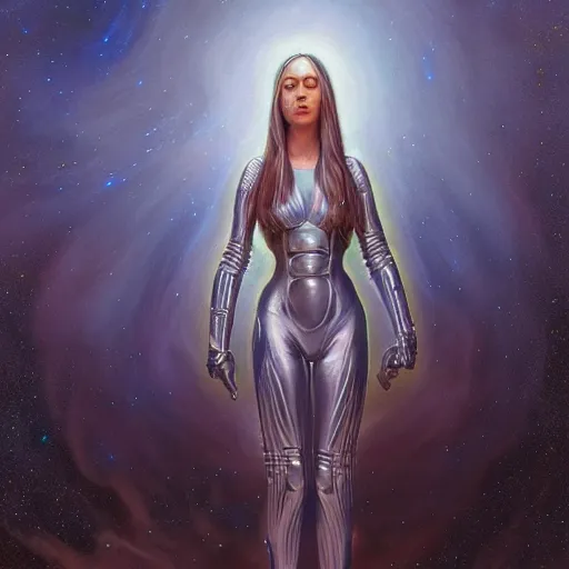 Image similar to pleiadian woman with big eyes and long silver hair wearing a dark body suit and wielding a plasma gun as a realistic sci fi character, portrait art by donato giancola and greg rutkowski, digital art, trending on artstation, standing in a barren field