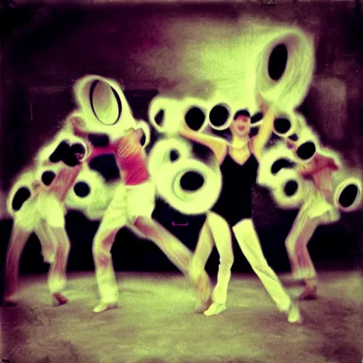 Image similar to pinhole photo of dancers made from cotton candy in big geometric MASKS, smudge, lo fi, mix, texture