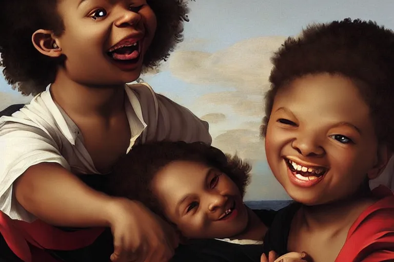 Prompt: carefree black children playing smiling and laughing, digital renaissance painting by artgerm by caravaggio and face by wlop