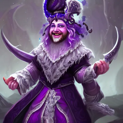 Prompt: A Bard with white horns and purple skin, smiling, epic fantasy game portrait, hyper detailed, hyper realistic