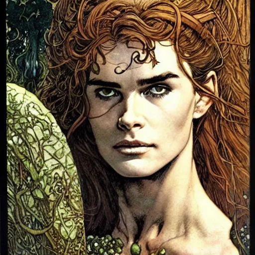 Image similar to a realistic, very beautiful and atmospheric portrait of young brooke shields aged 1 8 as a druidic warrior wizard looking at the camera with an intelligent gaze by rebecca guay, michael kaluta, charles vess and jean moebius giraud