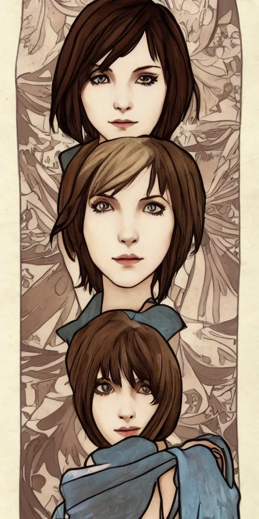 Image similar to max caulfield from Life Is Strange in the style of Mucha