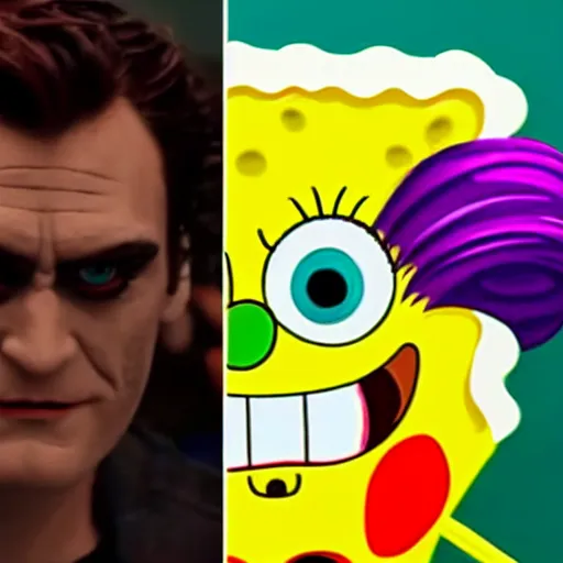 Image similar to spongebob wearing the costume and makeup of the joaquin phoenix joker from the film joker