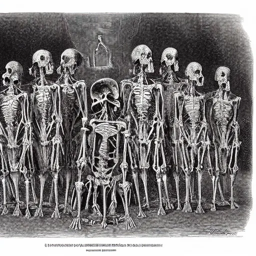 Image similar to congregation of skeletal ferrets worshipping a shining idol, Gustave Dore art style, grunge, matte