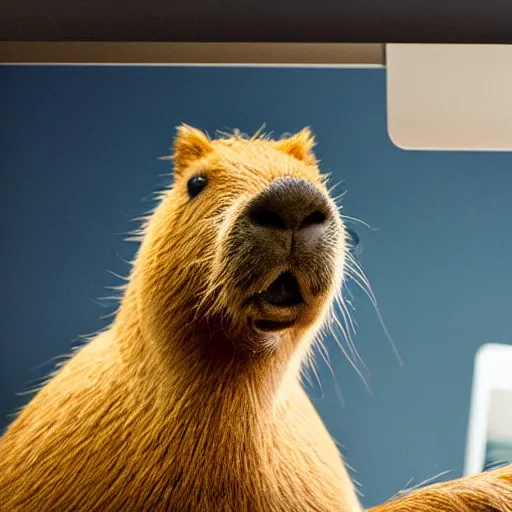 Image similar to a capybara in front of a computer holding a computer