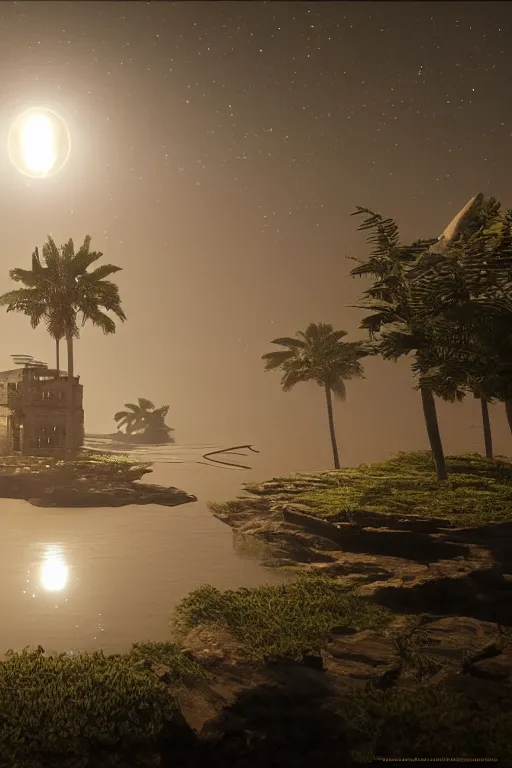 Prompt: the only building hovering over a deserted oasis on a moonlit night, clear focus, illustration, unreal engine 5, 8 k, in the style of peter morbacher, zek yerki, greg rutkowski, dim picturesque lighting of volumetric water bodies