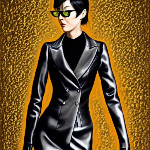 Prompt: Goro Majima as slim girl, gold suit jacket in snake print, black leather gloves, short black hair, black eye patch, elegant, 2d, ultra highly detailed, digital painting, smooth, sharp focus, artstation, art by Ilya Kuvshinov