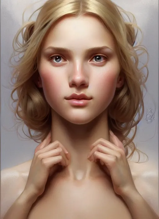 Prompt: perfectly feminine face!! portrait of young wife blessed by god with ever - increasing physical mental perfection, blonde, symmetrical! intricate, sensual features, highly detailed, biblical divine holy perfection!! digital painting, artstation, concept art, smooth, sharp focus, illustration, art by artgerm and greg rutkowski and alphonse mucha