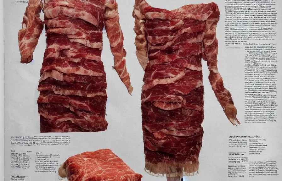 Image similar to dress made out of meat, catalogue photograph