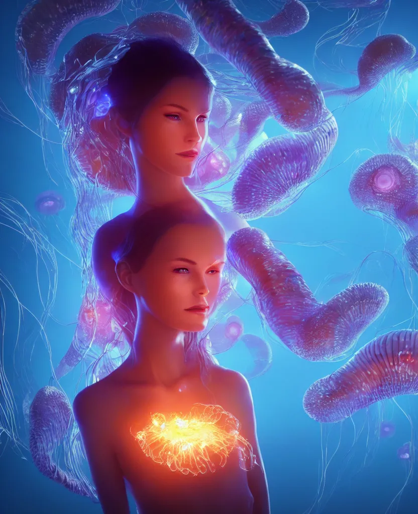 Image similar to close-up portrait of a beautiful girl floating in ethereum surrounded by floating jellyfish, energy flows of fire and water, flashes of plasma, 3d with depth of field, blurred background, a highly detailed epic cinematic concept art CG render. made in Maya, Blender and Photoshop, octane render, excellent composition, cinematic dystopian brutalist atmosphere, dynamic dramatic cinematic lighting, aesthetic, very inspirational, arthouse. y Greg Rutkowski, Ilya Kuvshinov, WLOP, Stanley Artgerm Lau, Ruan Jia and Fenghua Zhong