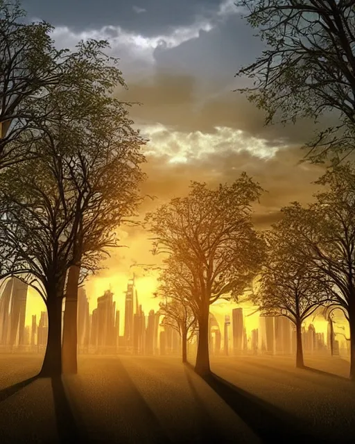 Image similar to photo of sunrise over a beautiful solarpunk city, many trees, dramatic lighting, romantic, sci-fi, futuristic, hyper realistic, architecture
