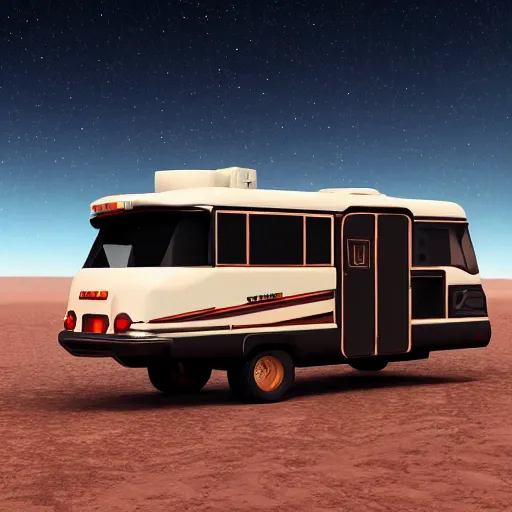 Prompt: a lone retro scifi RV with radio equipment is parked on a desert planet, side-view, redshift render, octane render, unreal engine, but as high contrast photography