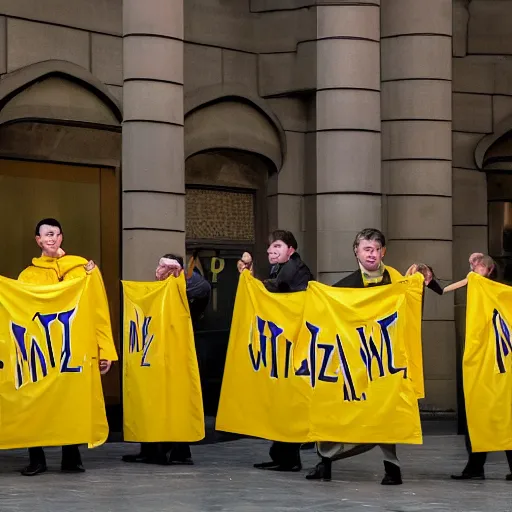 Image similar to a meeting of cat wizards dressed in yellow raincoats. A banner that reads 'Wiz Biz only, Fools' adorns the hall in which the meeting is happening. Hypermaximalistic, hyper detailed 4k resolution photo realistic