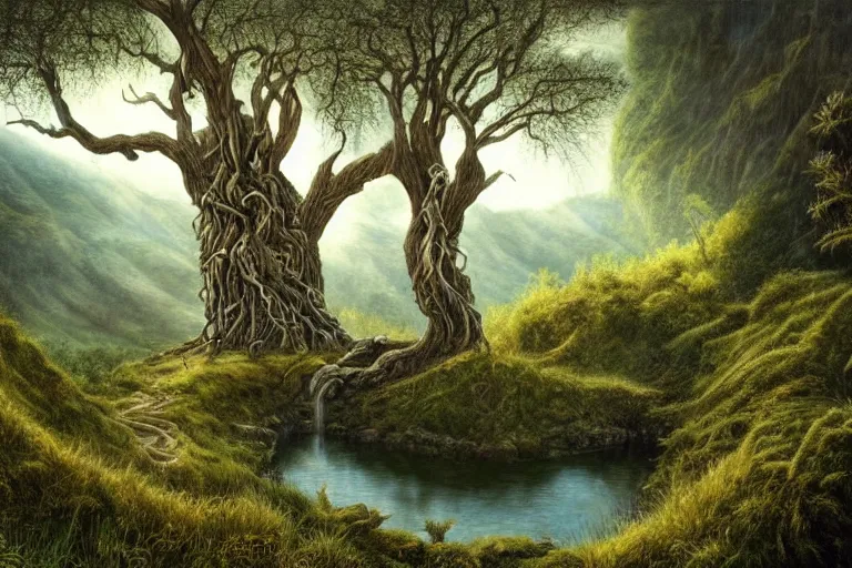 Prompt: masterpiece painting of lord of the rings old man willow tree of life on a hillside overlooking a creek, dramatic lighting, malign tree - spirit of great age, hyperrealism concept art of highly detailed by andreas franke