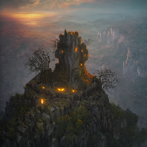 Image similar to aerial view of a stone fort sitting above a swamp in the sunset, dramatic lighting by alan lee by peter mohrbacher, trending on artstation sharp focus vfx key shot