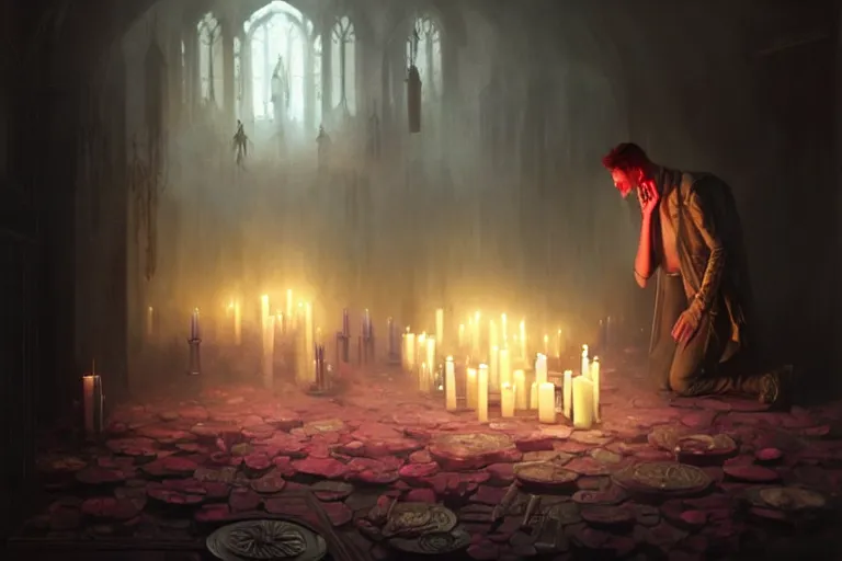 Prompt: Character concept art of Pretty guy male necromancer bringing dead to alive, casting dark magic spell. Gothic Castle room, lots of candles, barely lit warm violet red light, surrounded by ghosts coming through the floor By greg rutkowski, tom bagshaw, beksinski