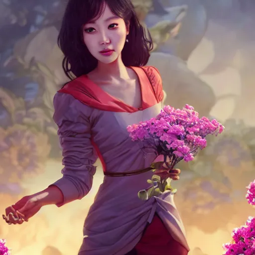 Image similar to portrait of hong jin - young, 홍진영, smiling with flowers in hands. sharp focus, cinematic pose, cinematic lighting, unreal engine render. art by josan gonzales and moebius and deathburger.