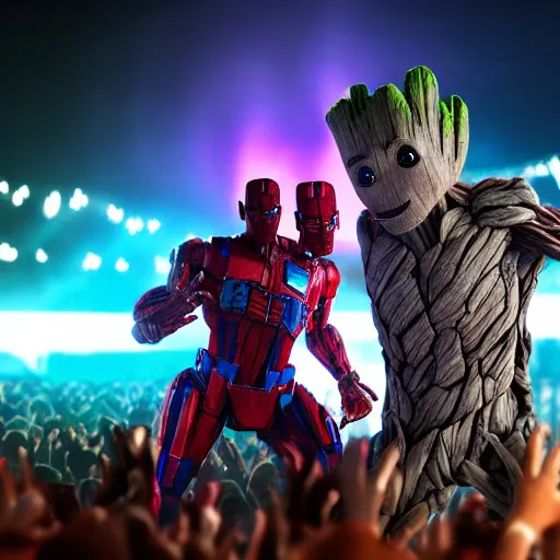 Image similar to groot and optimus prime dancing at techno party among people, wide shoot, octane render, ultra realistic