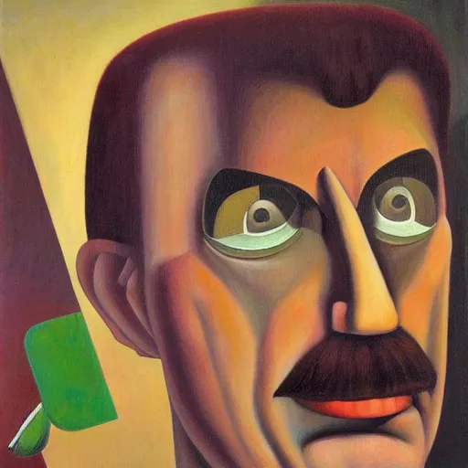 Prompt: robotic frank zappa portrait, grant wood, pj crook, edward hopper, oil on canvas