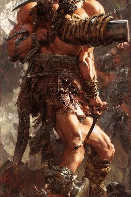 Prompt: closeup portrait of muscular male barbarian, intricate details, large sword, by Stanley Artgerm Lau, by greg rutkowski, by thomas kindkade, by alphonse mucha, loish, by norman rockwell J.