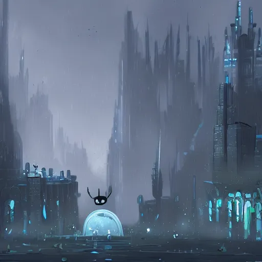 Image similar to digital art painting of city of tears from the game hollow knight, mega city scene, trending on artstation