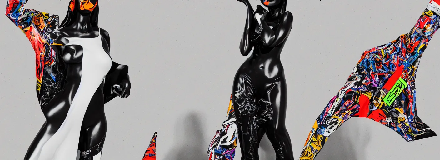 Image similar to black marble statue of a beautiful woman with colorful motocross logos in the style of virgil abloh, very very beautiful, detailed, off white, heron preston, 8 k, 4 k, detailed, beautiful, symmetrical, vogue, editorial, fashion, magazine, model