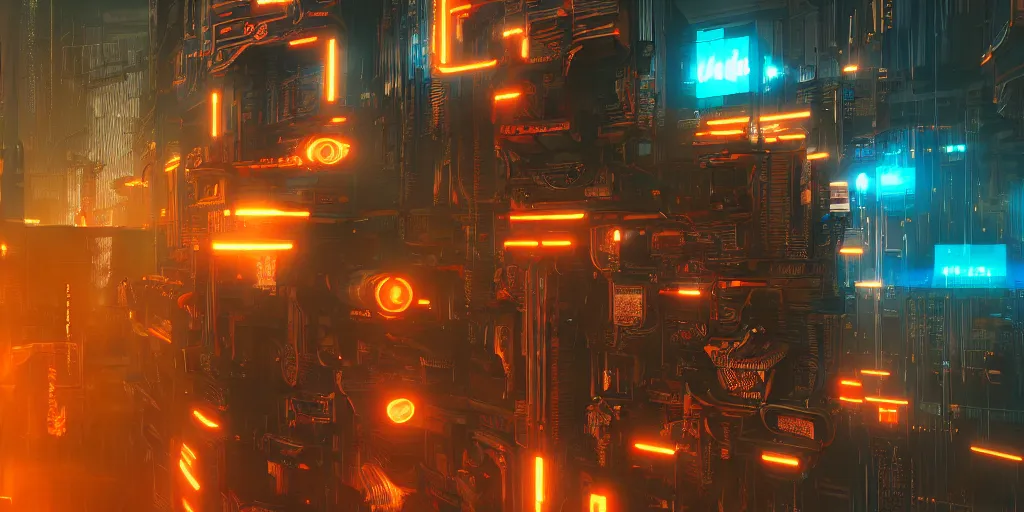 Image similar to cyberpunk, extra detailed, digital art, trending on artstation and unreal engine, 8k, orange and black tones